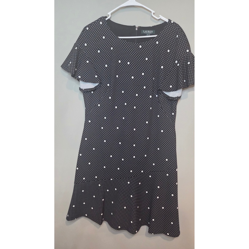 Lauren Ralph Lauren Polka Dot Flutter Sleeve Fit Flare Dress Womens 14 Black - Picture 2 of 5